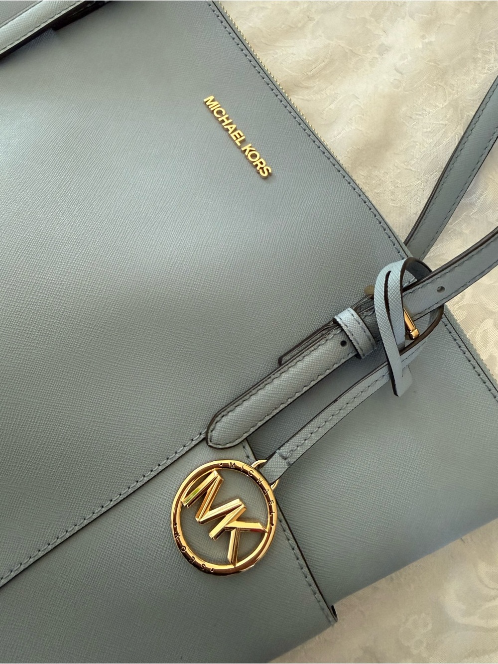 Michael Kors Light Blue Saffiano Leather Tote with Gold MK Charm